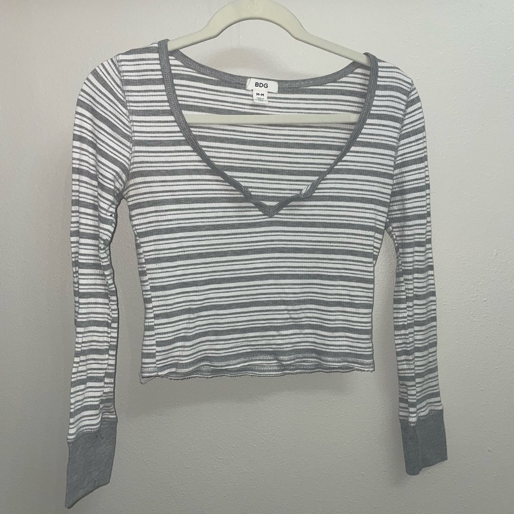 Urban Outfitters Gray and White Long Sleeve Crop Top